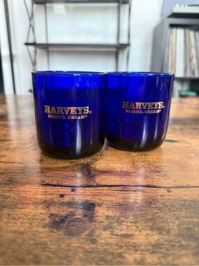 Harveys Cobalt Blue Bristol Cream Glasses with Gold Logo - Set of 2